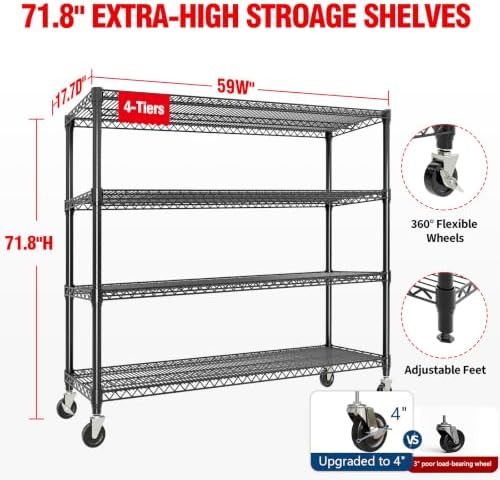 Garvee 71.8"H Metal Shelving with Wheels, 4-Tier Storage Shelves Heavy Duty - Image 2