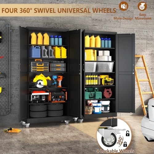 74" Metal Garage Storage Locker Cabinet with Wheels,Rolling White Farmhouse Kitchen Pantry Cabinet with 2 Doors and 5 Adjustable Shelves, Steel File Tool Cabinet for Home Office Warehouse - Image 6