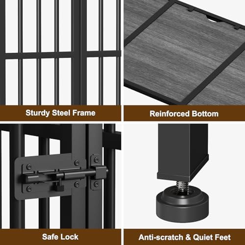 Easycom 41" Dog Crate Furniture Foldable, No Assembly Decorative Dog Kennel Indoor, Dog Crates for Large Dogs(35-60 lb), Wooden Dog Cage with Adjustable Bowls and Name Tag, End Table, Dark Grey - Image 6