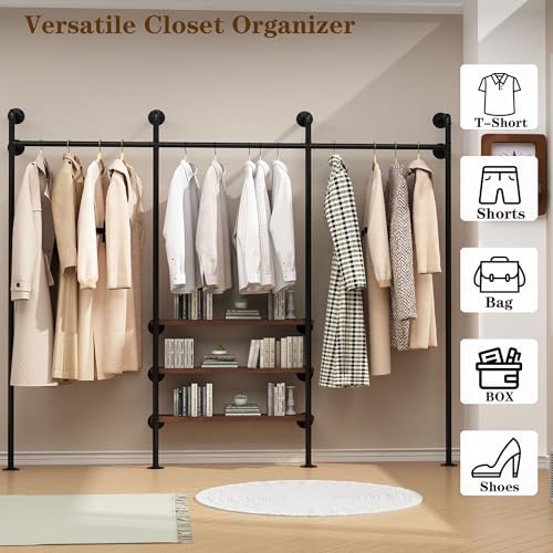 HOMEKAYT Industrial Pipe Clothes Rack,Wall Mounted Clothing Rack with Shelves, Heavy Duty Multi-Purpose Storage Clothes Hanging Shelf - 94.5''L Black - Image 3