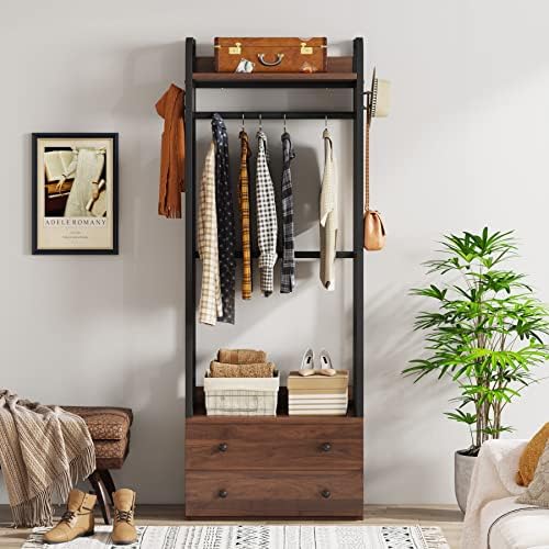 Tribesigns Freestanding Closet Organizer Small Clothes Rack Coat Rack with Drawers and Shelves, Heavy Duty Small Garment Rack Industrial Hall Tree for Hallway, Entryway, Bedroom - Image 3
