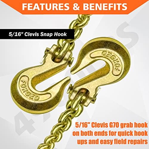 YATOINTO G80 Transport Binder Chain 5/16 Inch x 20 Foot Safety/Binder Chain with Clevis Grab Hooks 4,900 lbs Safe Working Load Logging Chain for Transporting Towing Tie Down Binding Equipment - Image 3