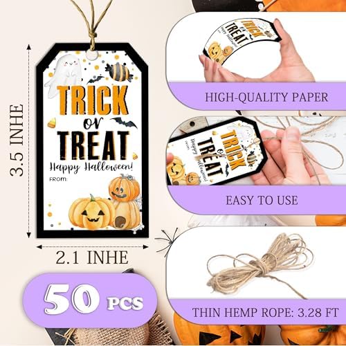 Halloween Paper Gift Tags with String-50Pcs,Trick Or Treat for You Happy Halloween Tags for Goodie Bags, 2 x 3.5 Inch Writable Waterproof Hanging Labels for Decor Party Supplies, Gift Wrapping-B05 - Image 2