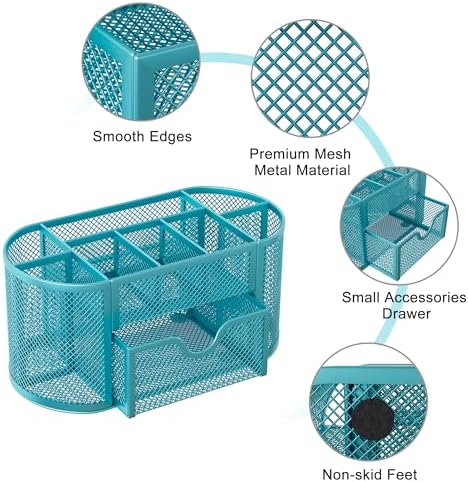 EasyPAG Mesh Pen Holder Desk Organizer with Drawer Stationery Supplies Organizer for Dorm School 9 Compartments Workspace Desk Accessories Organization for Office, Blue - Image 4