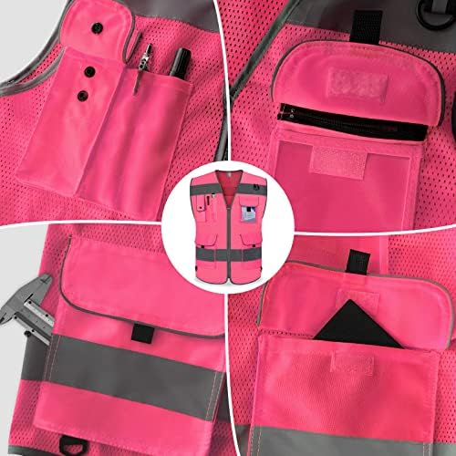 TCCFCCT Mesh High Visibility Vest 9 Pockets Safety Vest for Men, Pink XL - Image 4