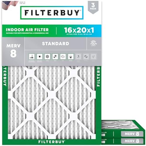 Filterbuy 16x20x1 Air Filter MERV 8 Dust & Allergy Defense (3-Pack) by Filterbuy