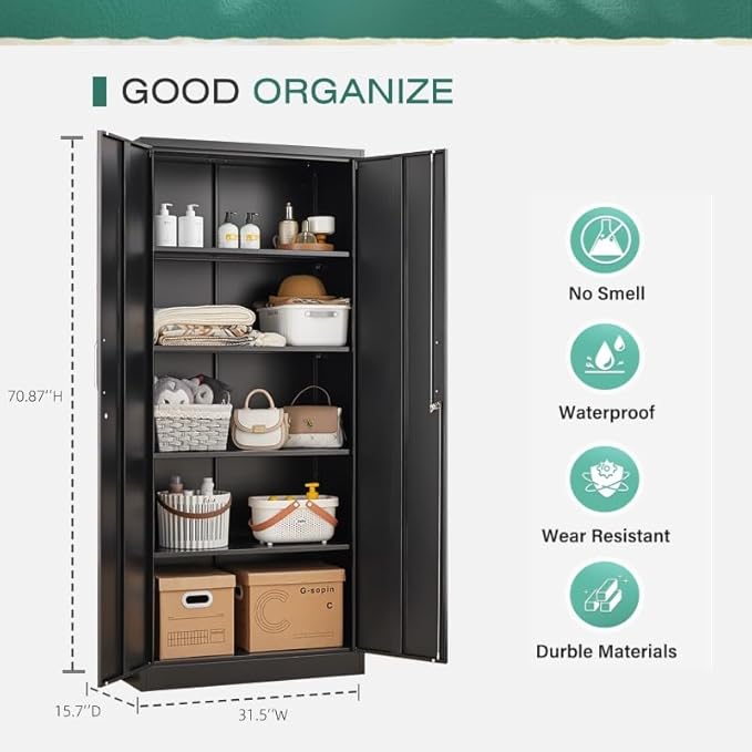 Garage Storage Cabinet with 2 Lockable Doors, Adjustable Shelves Metal Storage - Image 3