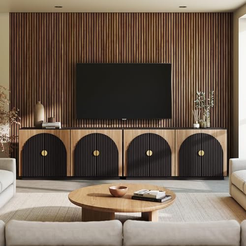 BELLEZE Set of 2 Sideboard Buffet, 65'' Fluted Cabinet with Symmetrical Arc Door, Accent Large Console for Kitchen and Living Room (Camel) by BELLEZE