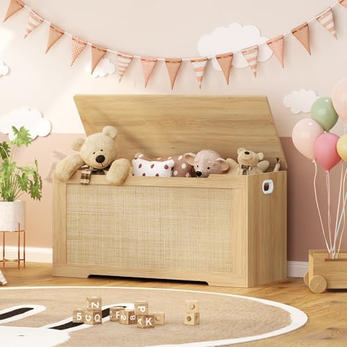 usikey 39.4” Storage Chest, Toy Box with 2 Safety Hinges, Toy Chest for Bedroom, Storage Bench with Storage, Shoe Bench, Supports 220 lb, for Living Room, Entryway, Natural - Image 2