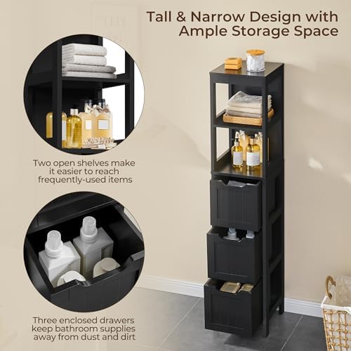 Yaheetech 56" Tall Narrow Bathroom Storage Cabinet with 3 Drawers, Black - Image 6