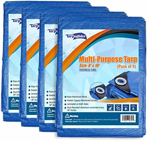 Blue Tarp Pack of 4 Tarps Heavy Duty waterproof 8x10 Large Multipurpose Poly Outdoor Tarps Cover 5 Mil Thickness Blue Tarpaulin Reinforced Rip Resistant Rubber Edges With Aluminum Grommets by Tarpuglider