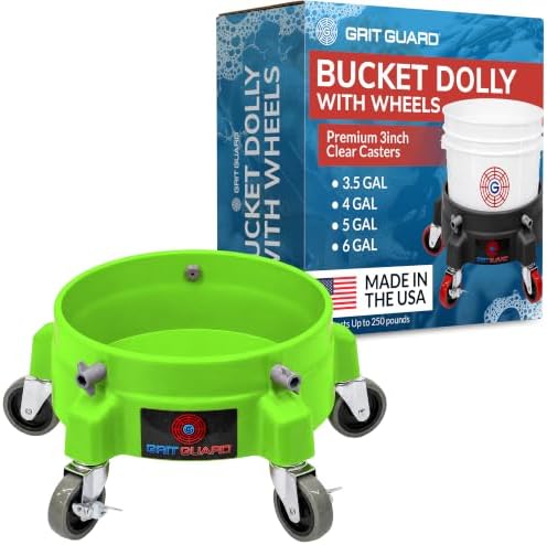 Grit Guard Bucket Dolly with Wheels - Rolling Detailing Wash Bucket with 5 Wheels and 2 Locking Casters Compatible with 2.5, 4, 5 and 6 Gallon Buckets (Green, 3" Grey Casters) - Made in the USA by GritGuardInc