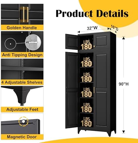 SteeLoong 90”Metal Pantry Storage Cabinet with Doors & 4 Adjustable Shelves - Image 2