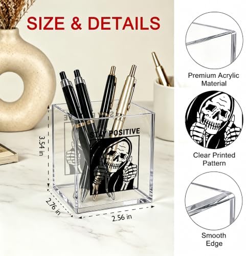 Funny Skeleton Office Acrylic Cosmetic Pen Pencil Holder Cup, Stay Positive Gothic Pencil Organizer, Horror Unique Desk Accessories, Motivational Halloween Gifts for Women Men（A52） - Image 2