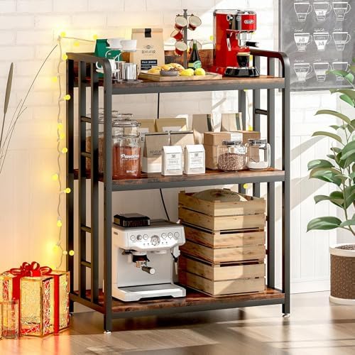 Baker's Rack with Power Outlet, 3-Tier Adjustable Microwave Cart, Brown - Image 2