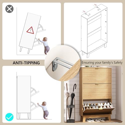HUANLEGO Shoe Cabinet Storage for Entryway with 3 Flip Drawers, Fluted Narrow Shoe Organizer with Wooden Legs, Freestanding Slim Shoe Storage Hidden Shoe Rack Organizer for Front Door Entrance, Oak - Image 6
