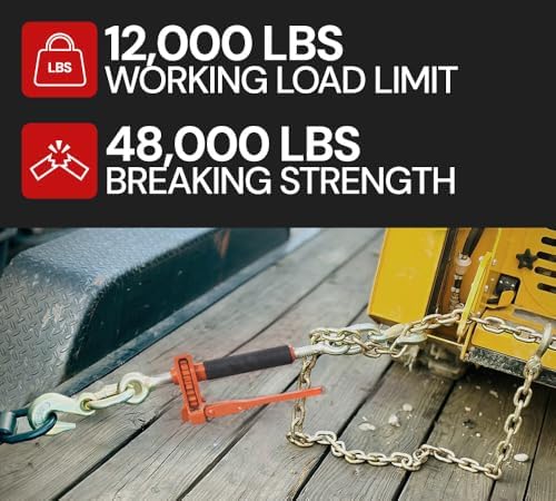 4 Pack 3/8" - 1/2" Hi-Viz Orange Quick Folding Handle Ratchet Load Binder with Grab Hook 12,000 lbs WLL | Tie Down Hauling Chain Binders for Flatbed Truck Trailer - Image 6