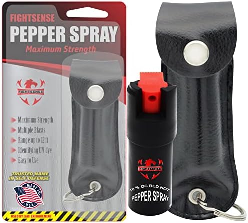 FIGHTSENSE Self Defense Pepper Spray - 1/2 oz Compact Size Maximum Strength Police Grade Formula Best Self Defense Tool for Women W/Leather Pouch Keychain by FIGHTSENSE