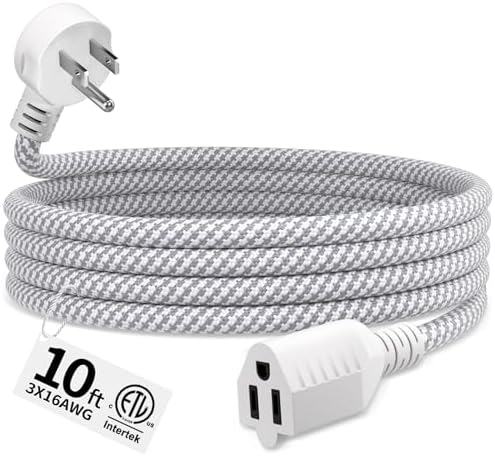 16 Gauge Braided Extension Cord 10 FT, Flat Plug Power Cord Indoor by Seeklyze