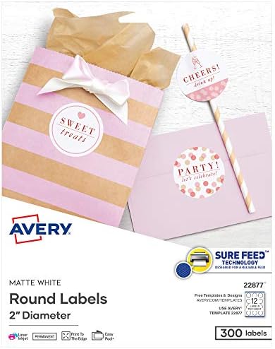 Avery® Printable Round Labels, Sure Feed® Technology, 2" Diameter, Matte White, Laser & Inkjet Compatible, 300 Blank Labels Total, Great for Branding, Packaging, Events, and More (22877) by Avery