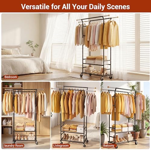 Clothes Rack with 3-Level Height Adjustment - Double Rod Extendable Hanging Rails with Wooden Finials, Luxury 2-Tier Metal Storage Shelves - Sturdy Wardrobe Rack for Closet, Bedroom or Laundry - Image 5