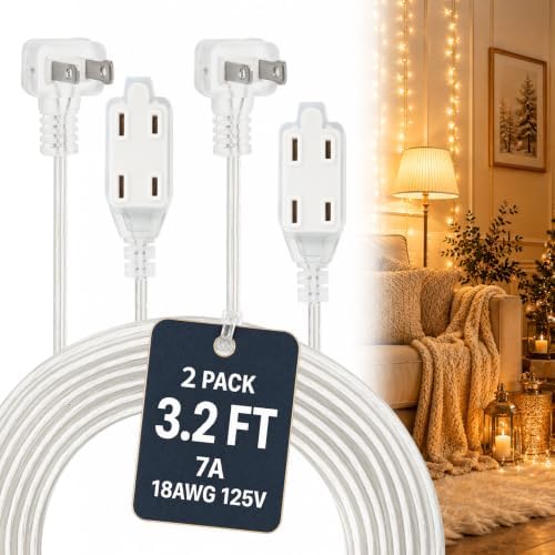 Clear Extension Cord 3.2FT, 3 Outlets, 0.6-Inch Flat Plug, 2 Pack by haultop