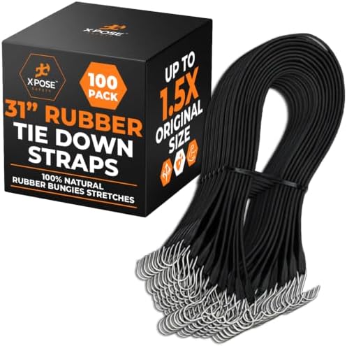 Rubber Bungee Cords with Hooks 100 Pack 31 Inch (47” Max Stretch) Heavy-Duty Black Tie Down Straps for Outdoor, Tarp Covers, Canvas Canopies, Motorcycle, and Cargo - by Xpose Safety by XposeSafety
