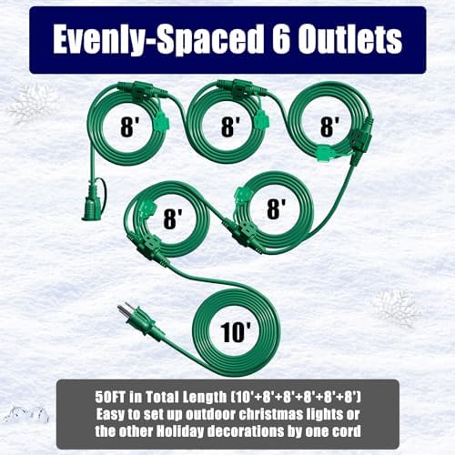 Eversimpleinc 50FT Outdoor Extension Cord with 6 Outlets Evenly Spaced··, with Waterproof Cover, Ideal for Outdoor Decoration Lawn Patio Lights, 16AWG/3C SJTW, ETL Listed - Image 2
