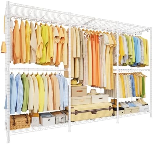 ULIFHOME E14 Max Heavy Duty Clothes Rack，Freestanding Clothing Racks for Hanging Clothes，Adjustable Closet Organizers and Storage，Metal Garment Rack with Shelves 86"W × 16"D × 77"H，Load 1060LBS，White by UlifHome