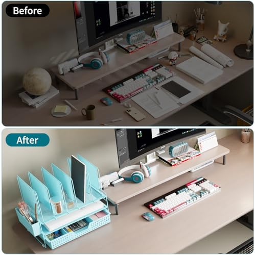 LEKETREE Teal Desk Organizer, Office Organization with Vertical File Holder, File Organizer with Drawer and Pen Holder, Desk Accessories and Workspace Organizers for Home Office (Sky Blue) - Image 4