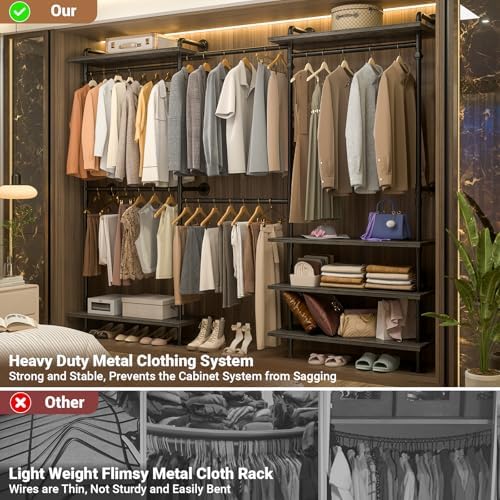 Aheaplus Industrial Pipe Clothing Rack, Expandable Garment Rack, Closet System with Wood Shelves for Hanging,Wall Mounted Clothing Rack, Adjustable Storage Wardrobe for Walk in Closets, Black Oak - Image 3
