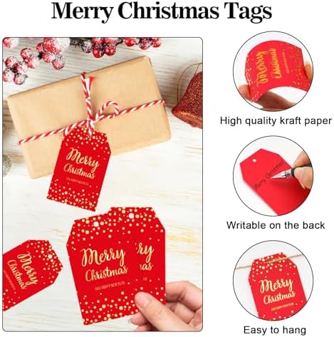 joycraft 50Pcs Christmas Tags with String, Red Merry Christmas Gift Tags - Image 3