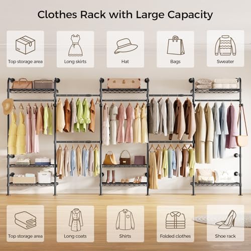 Closet Organizers and Storage, 5-Row Heavy Duty Clothes Rack for Hanging Clothes, Wall Mounted Closet System with 4 Telescopic Rods, 3 Fixed Rods, 6 Hooks, 8 Shelves for Wardrobe, Bedroom, Small Space - Image 6