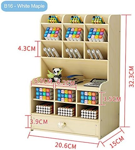 Hggzeg Wooden Desk Organizer with Drawer, Large Capacity DIY Pen Holder Storage Box Desktop Stationary Storage Rack, Pen Organizer Caddies for Office, Home and School Supplies (B16-White Maple) - Image 6