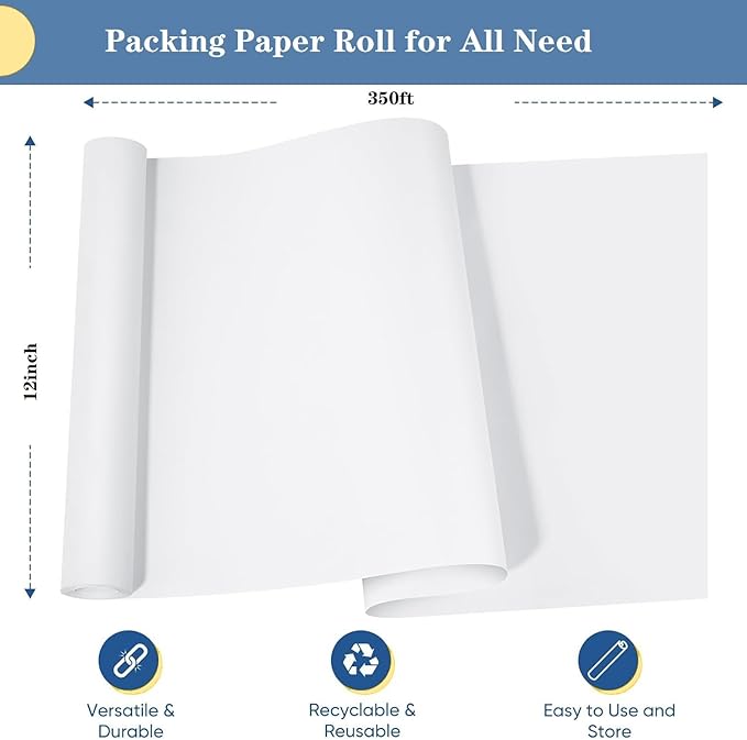 White Packing Paper Roll 12”W x 350'L Newsprint Paper Roll - Image 2