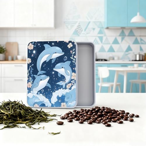 Small Metal Tins Box-4.7" x3.5"x1.6" Rectangular Empty Storage Box With Lid Decorative Organizer Storage Tin Case For Office/Cookie/Candy/Jewelry/Photo/Letter-Floral Dolphin - Image 5