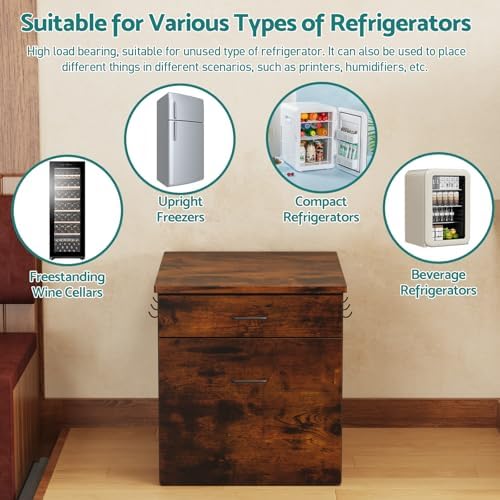 Kikihouse Mini Fridge Stand with Storage, Heavy Duty Mini Fridge Table with Rolling Cabinet, 250LBS Capacity Tabletop with Lockable Wheel for Dorm, Home, Office, Bedroom (Brown) - Image 6