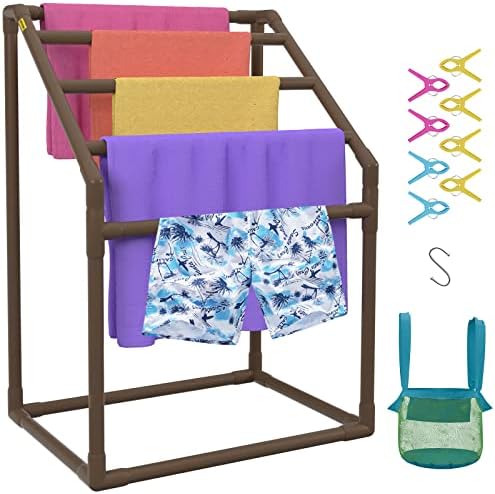 VEVOR Pool Towel Rack, 5 Bar, Brown, Freestanding Outdoor PVC Trapedozal Poolside Storage Organizer, Include 8 Towel Clips, Mesh Bag, Hook, Also Stores Floats and Paddles, for Beach, Swimming Pool by VEVOR