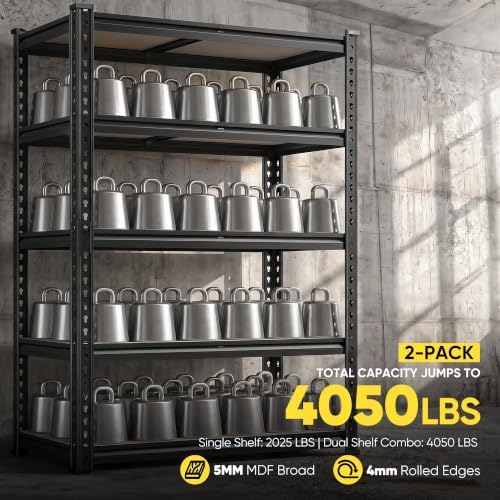 REIBII Garage Shelving, 5-Tier Storage Shelves Load 2025LBS, Adjustable Storage Rack for Garage, Pantry, Closet, Steel Frame, 28.1" W x 60" H x 12.1" D, Black, 2PC - Image 4