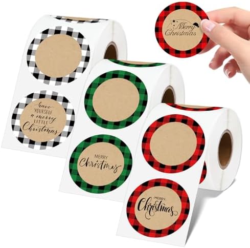 Whaline 600 Pcs Christmas Direct Thermal Labels Stickers Colorful Xmas Plaid Self-Adhesive Printer Decals for DIY Candle Name Tag Logo Design, 3 Rolls by Whaline