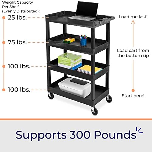 Stand Steady Tubstr 4 Shelf Utility Cart Supports Up to 300 lbs - Heavy-Duty Plastic Service Push Cart with Deep Shelves and 4" Casters, for Offices, Warehouse Storage, Garage (Black, 35 x 18 x 50) - Image 3
