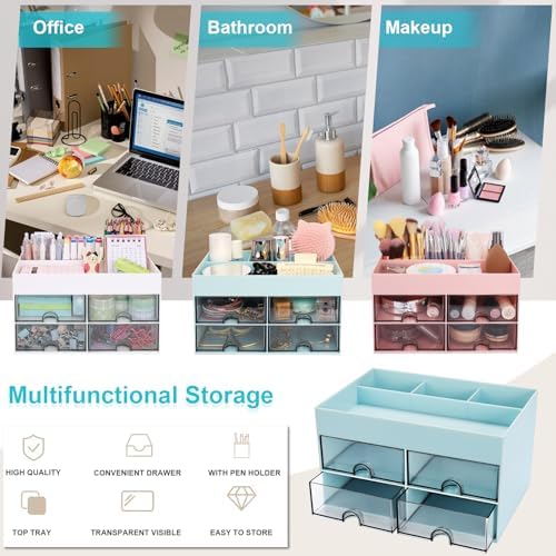 Meiikun Desk Organizer, Office Organizer with Drawer, Desk Accessories & Workspace Organizers, Pen Holder Office Supplies for Desk (4 Drawers+4 Compartments, Blue) - Image 4