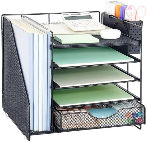 5-Tier Desk Organizer with Drawer and Pen Holder, Black by OUTIOE