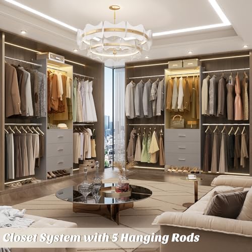 Aheaplus Closet System with Motion-Sensing Light, 3 Wooden Drawers and 4 Hanging Rods, Customizable Walk-in Closet Organizer with 3CCT LED, Heavy Duty Garment Rack for Bedroom,Grey - Image 3