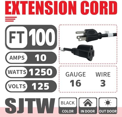 EP 100 FT Outdoor Extension Cord, 16/3 SJTW Heavy Duty Black, ETL Listed - Image 2