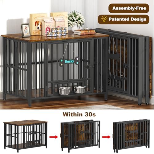 Easycom Foldable Dog Crate Furniture for Large Dogs 35-60 lb, Rustic Brown - Image 2