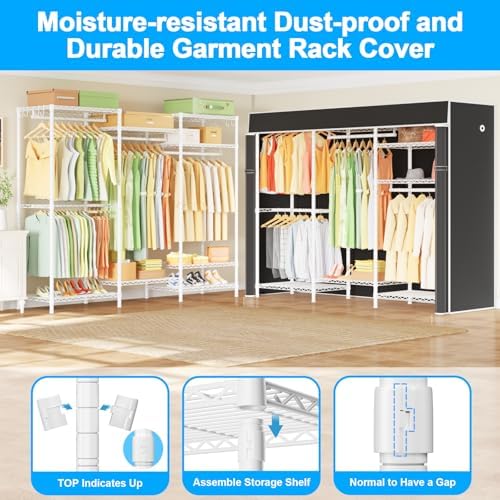 Ulif E13C Heavy Duty Closet Organizer System，Freestanding Clothing Racks for Hanging Clothes，Adjustable Garment Rack 63" W x 16" D x 77" H Hold 960 lbs，White Clothing Rack with Black Dustproof Cover - Image 4