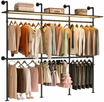Besiost 118" Industrial Pipe Clothing Rack with RGB LED Lights, Heavy Duty Wall Mounted Closet System with Shelves, Reversible L-Shaped or Straight Garment Rack for Walk-in Closet & Bedroom, Black by Besiost