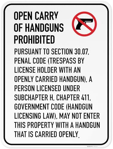 No Open Carry of Handgun Prohibited Texas §3007 Sign, by SigoSigns