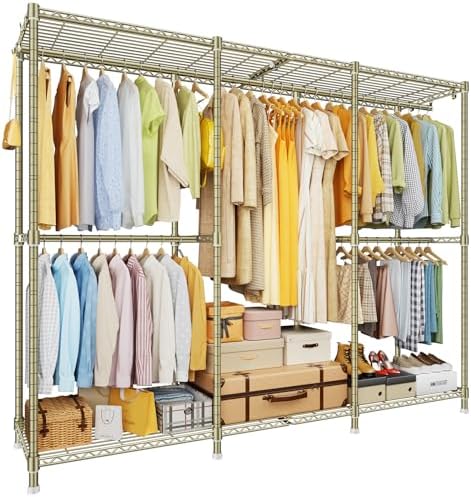 ULIFHOME E14 Pro Heavy Duty Clothes Rack，Freestanding Clothing Racks for Hanging Clothes，Adjustable Closet Organizers and Storage，Metal Garment Rack with Shelves 69"W x16"D x77"H，Max Load 960LBS，Gold by UlifHome